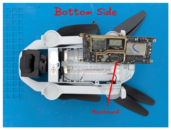 Bottom side of the drone, with the mainboard and some of its RF shields already removed
