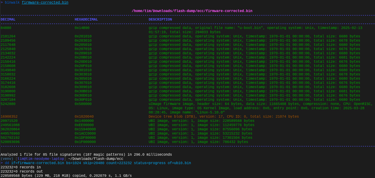 Binwalk output of the corrected page. Note that binwalk is now much more confident in its findings (green text).