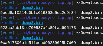 The MD5 hashes of the three separate dumps from the same NAND chip are different, indicating that our reading process introduces bit errors.