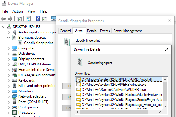 Device Manager / Goodix / Driver Details.