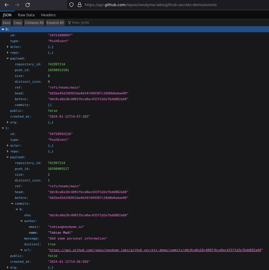 Example of a force-pushed repository, reset to an older commit