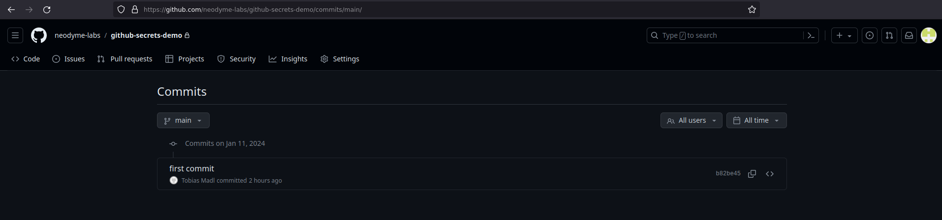 All commits in the GitHub UI