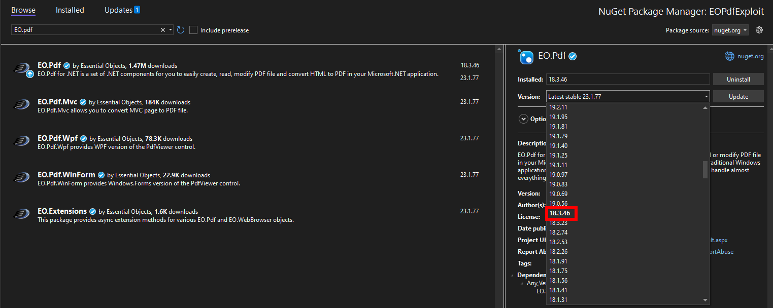 NuGet package manager can be used to obtain exact EO.Pdf library version