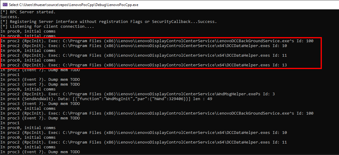 Our own RPC server printing the arguments to the RPC client calls