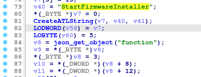 StartFirmwareInstaller function excerpt showing the JSON parsing