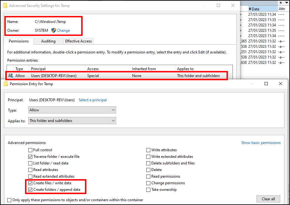 ACLs for the group “Users” on C:/Windows/Temp