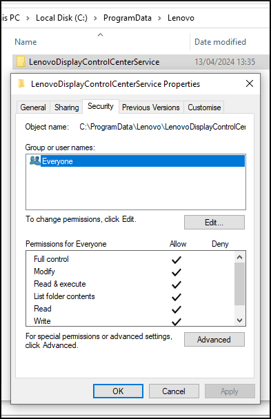 The folder LenovoDisplayControlCenterService is configured with overly permissive access rights, granting all users on the system unnecessary privileges