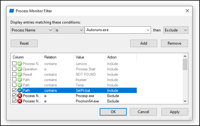 ProcMon filter showing events including the string SetPri.bat