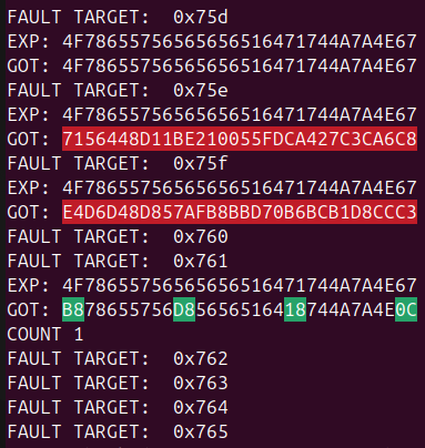 Trace showing that four AES output bytes have changed after having introduced a fault